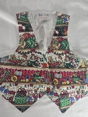 Vintage Christmas Toddler Vest 3T Handmade Teddy Bear Toy Print Holiday Vest